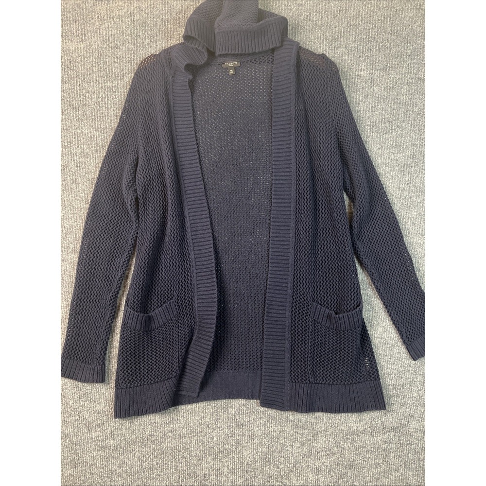 Talbots Petite Meduim Cardigan Navy Blue100% Cotton Open Weave Mesh Knit Pockets